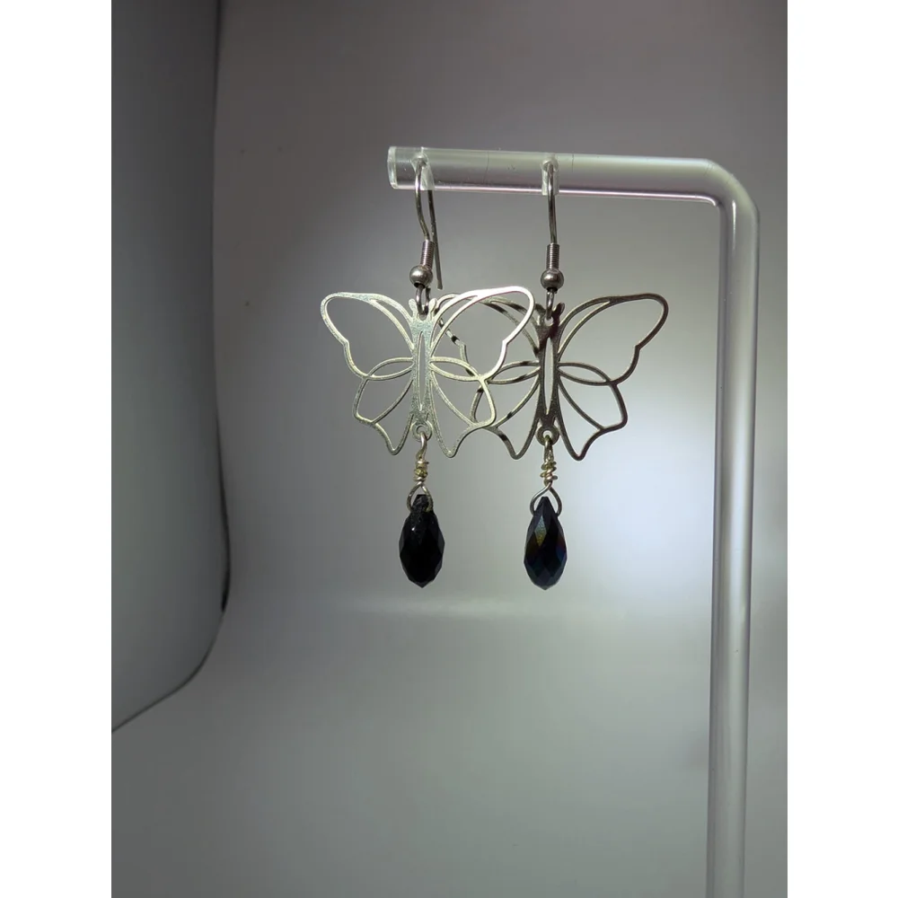 Butterfly Dangle Earrings, Stainless Steel Black Metallic Glass Teardrop Beads